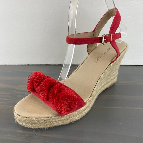Saks Fifth Avenue Espadrille Wedge Ankle Strap Sandals 7.5 Red Pom Pom Leather - Picture 1 of 10